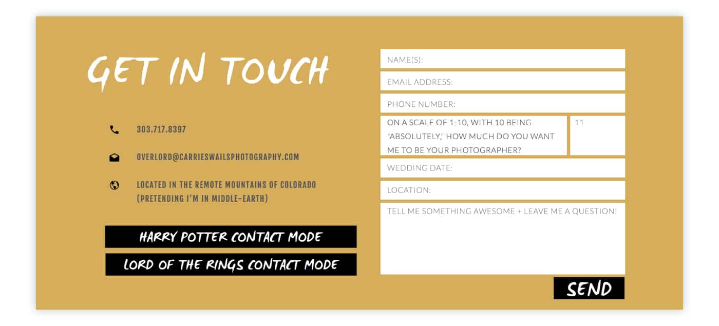 The basic contact form on Carrie Swails' website