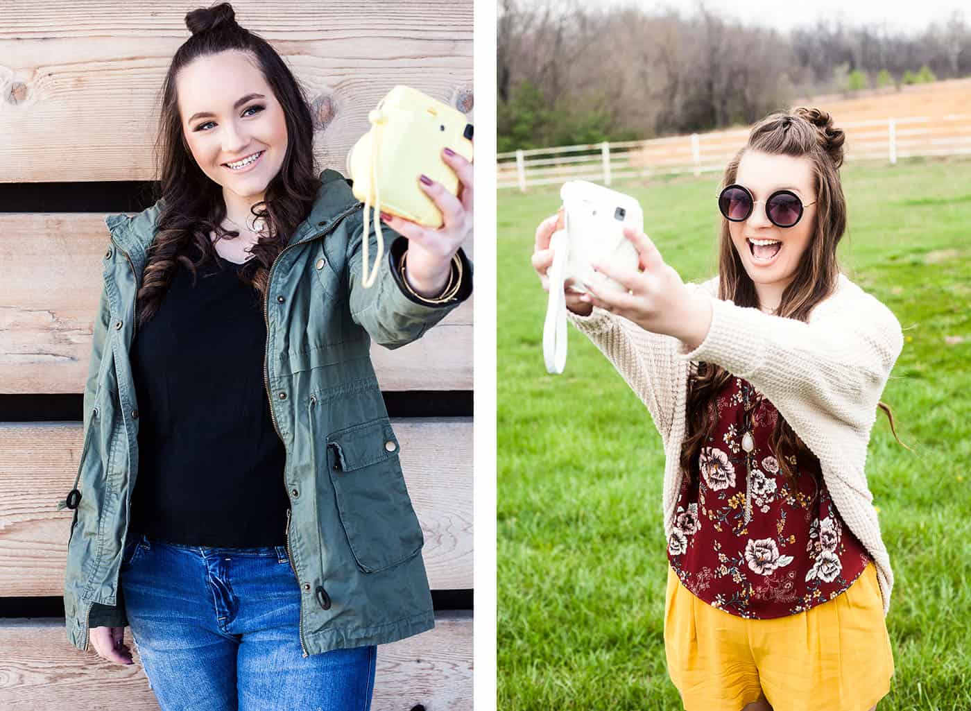 teenage girls taking selfies with Instax Polaroid cameras