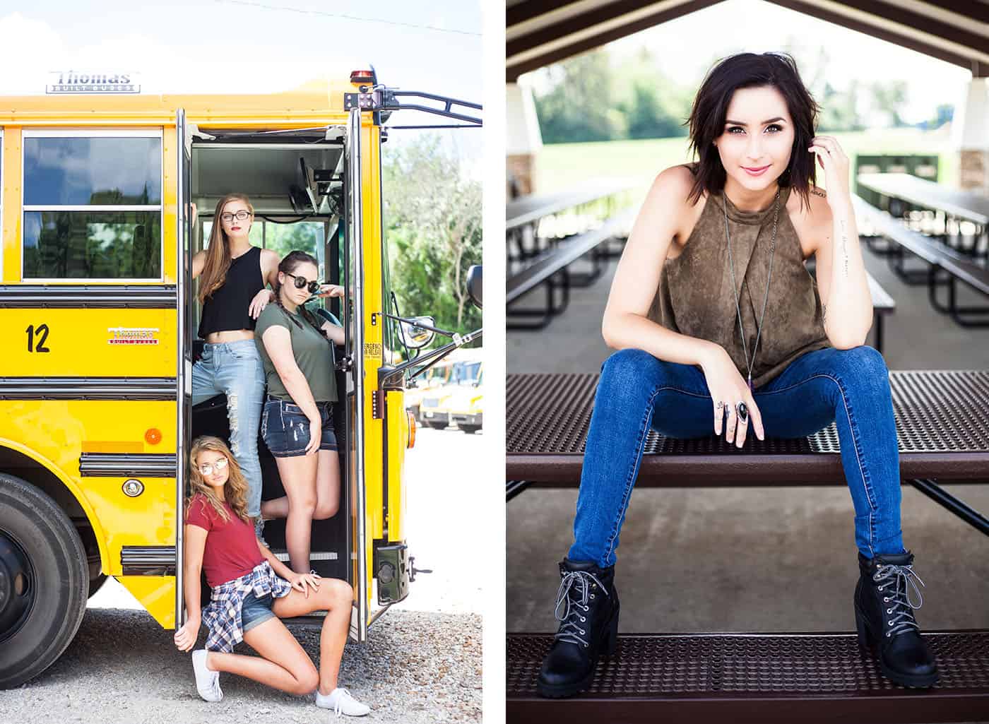 teenagers posing on a school bus by Heather Yeager