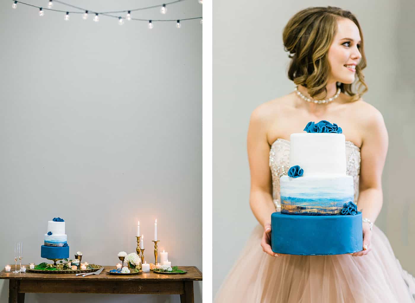 blue gold white three tier wedding cake rachael osborn client questions