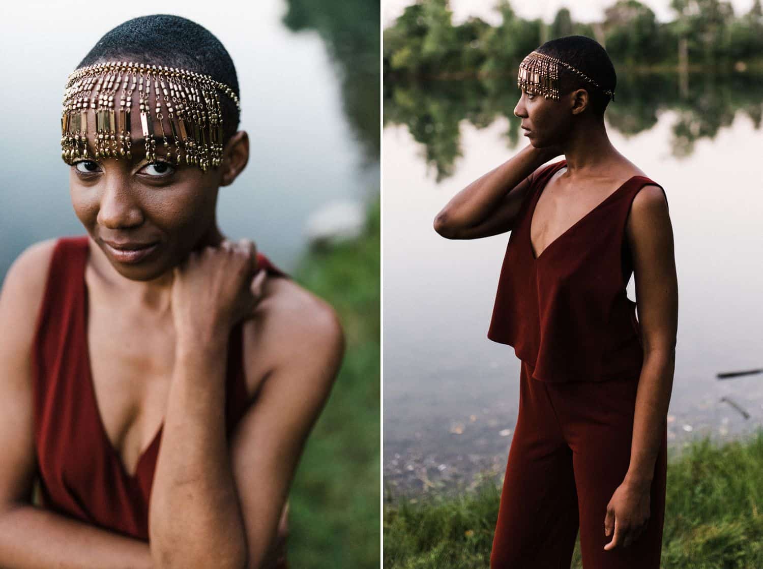 Drop the Obsession with "Pretty" Portrait Photography: Color diptych of elegant Black woman wearing red linen garments and gold beaded headpiece. She's standing beside a quiet ponnd at dusk. Photographed by Mae B.