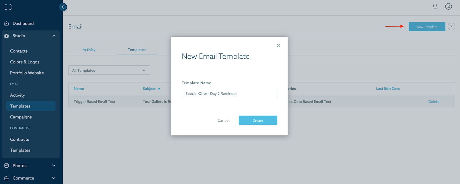 View of ShootProof studio and how to create a new email template