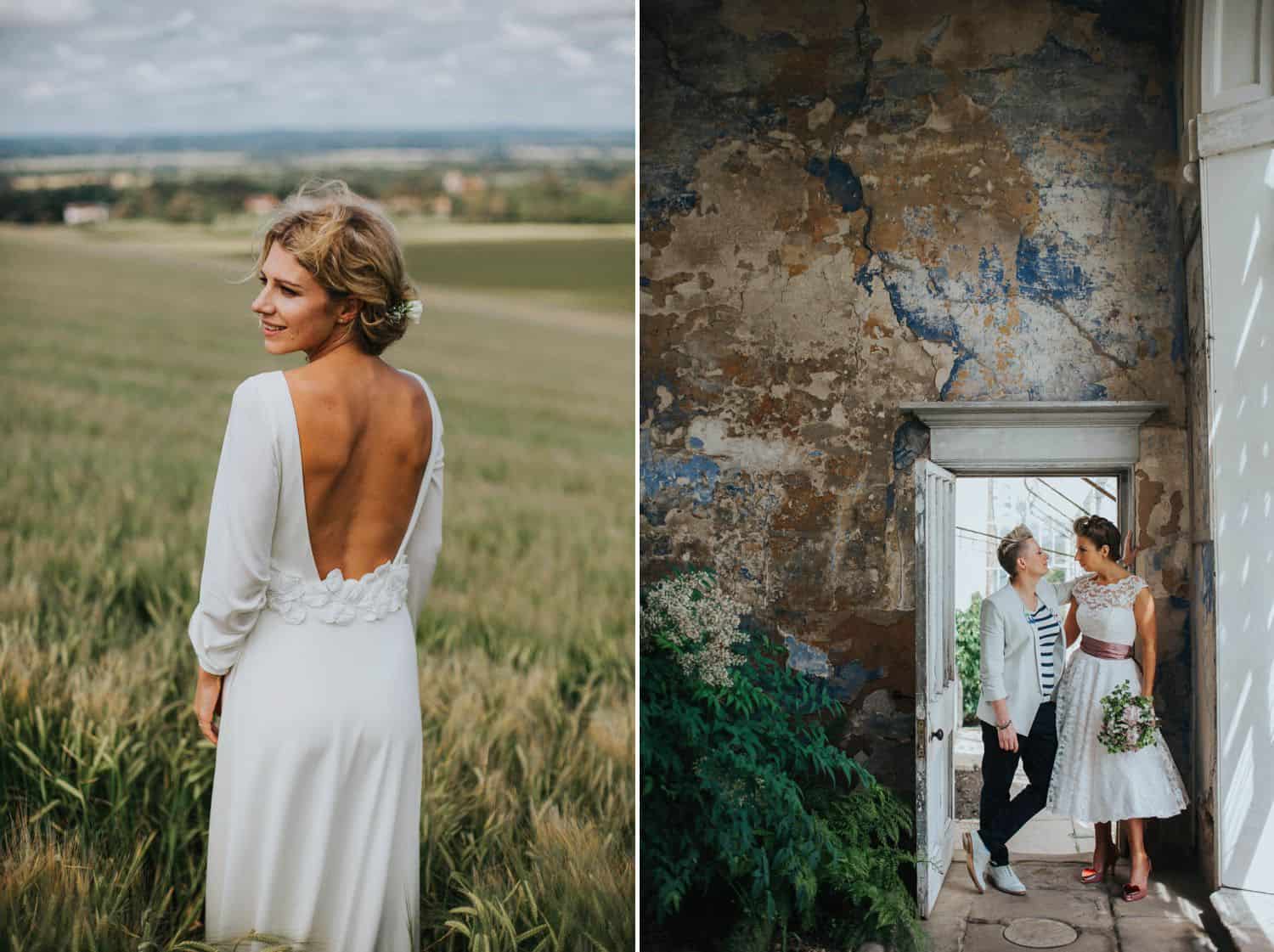 How To Make A Photography Website Your Dream Clients Can’t Resist: A bride stands in a field in a backless gown. Two brides stand face-to-face in the doorway of an old atrium.