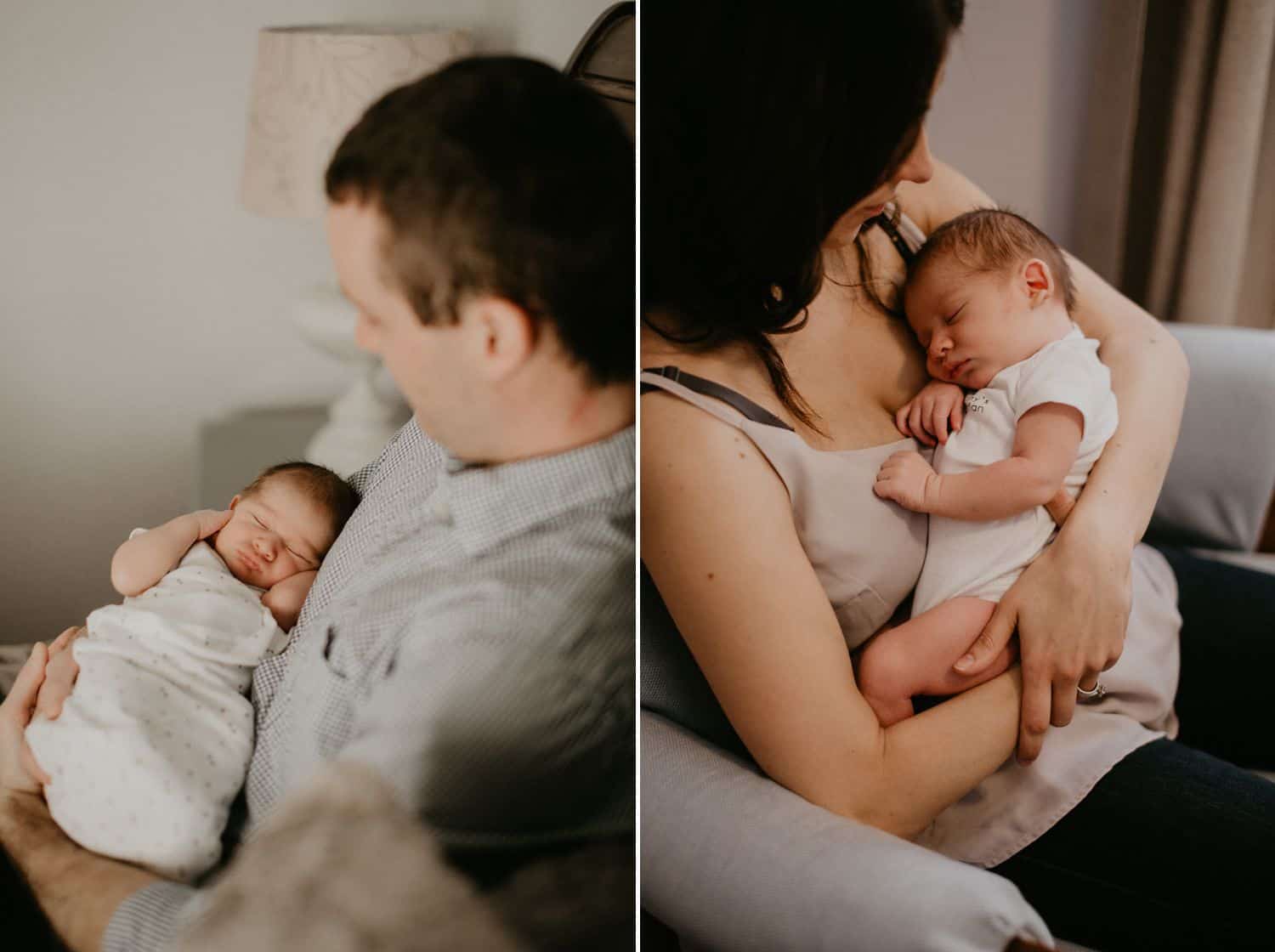Lifestyle Newborn Photos: Left / A sleeping, swaddled baby is photographed in-focus while Dad, who's holding his child, fades into bokeh. Right / Only the side of Mom's face is visible as she looks down at her sleeping newborn in a onesie.