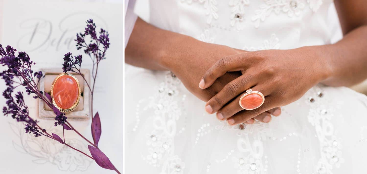 Tips for an Easy, Affordable Styled Shoot (coral ring styled with purple botanicals)