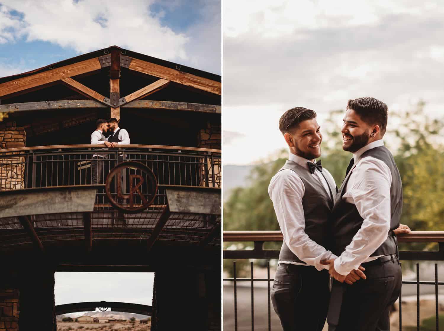 Tips for an Easy, Affordable Styled Shoot (Two grooms photographed outside a mountain lodge.)
