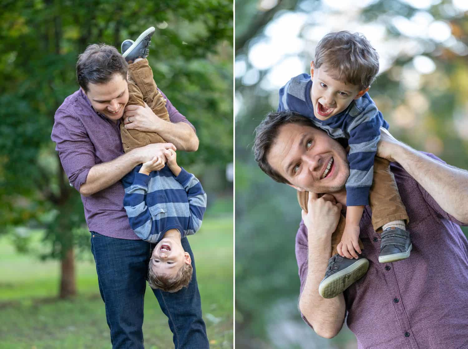 Series of dad playing in the park with his son.
