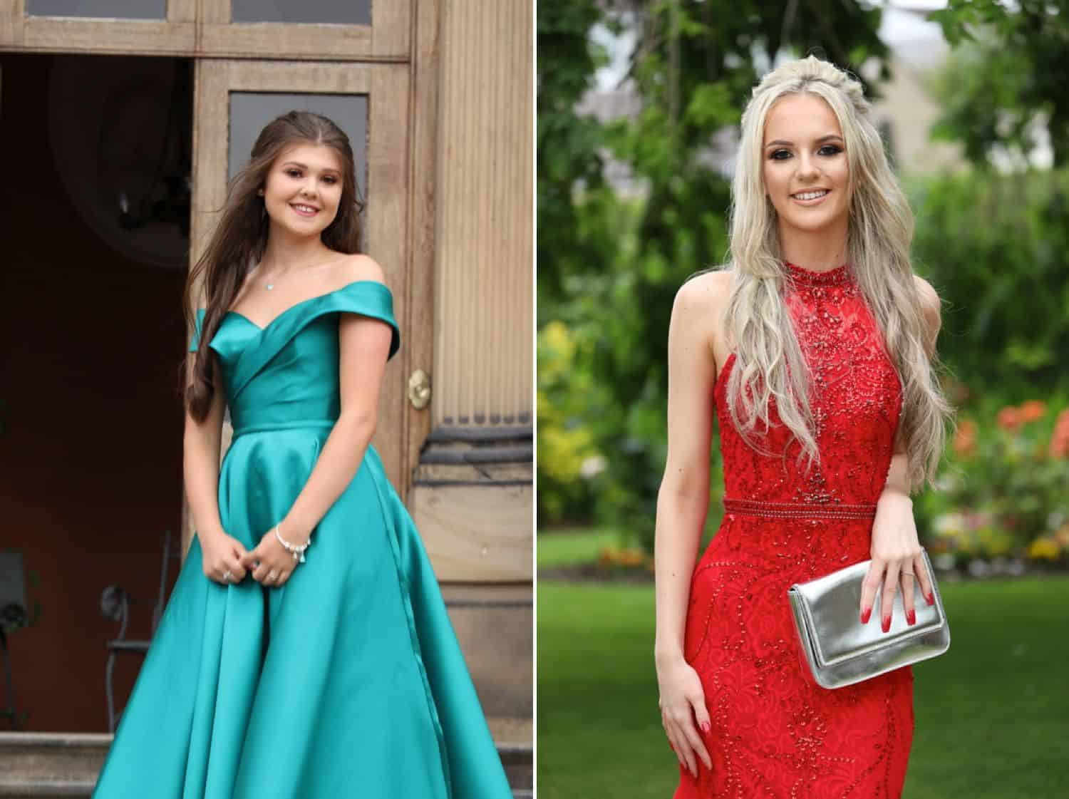 Two high school senior girls dressed for their prom photography.
