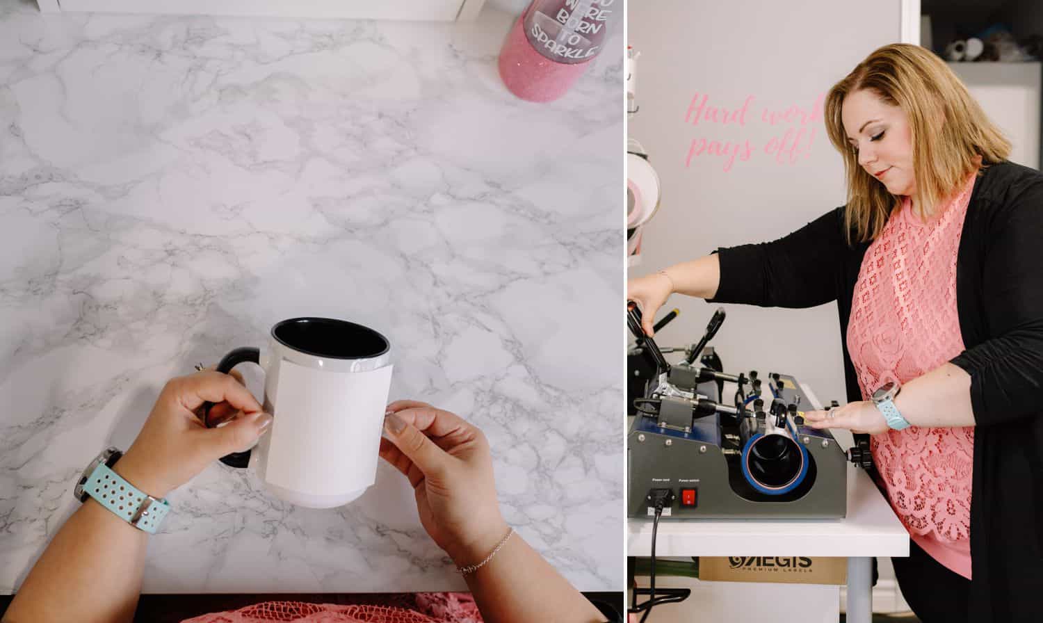 a label is being applied to a coffee mug, pictured beside a woman operating a typesetter