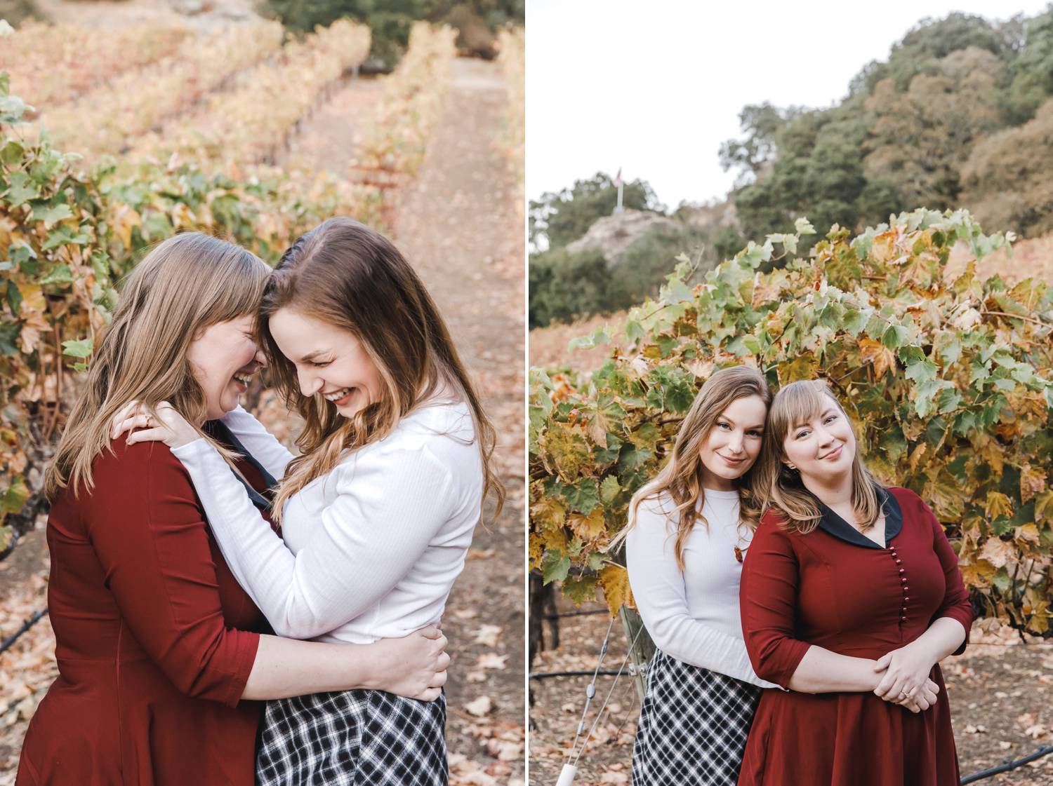 Two engaged woman snuggle lose against the backdrop of a vineyard