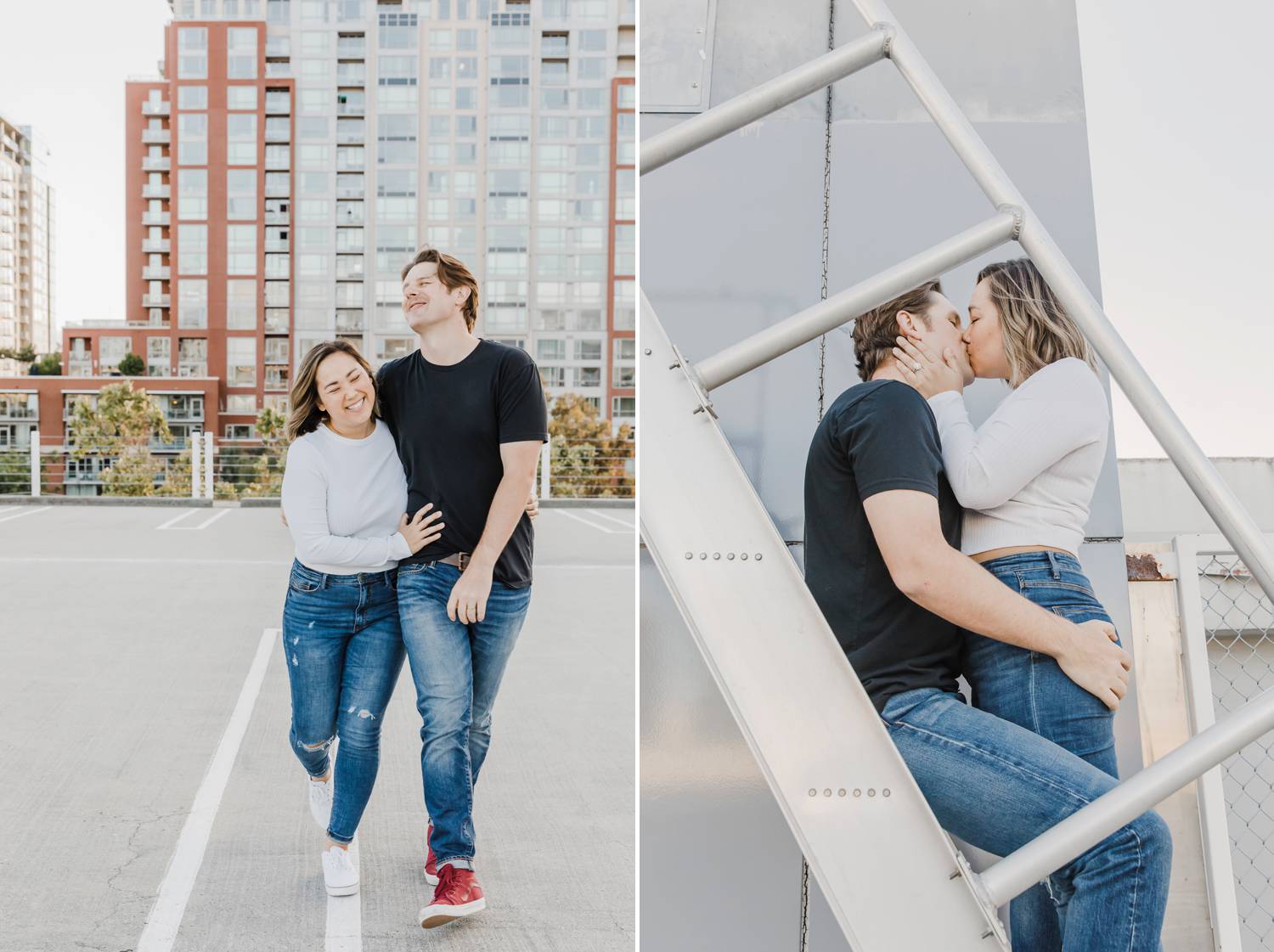 An engaged couple kisses on the roof of a parking garage