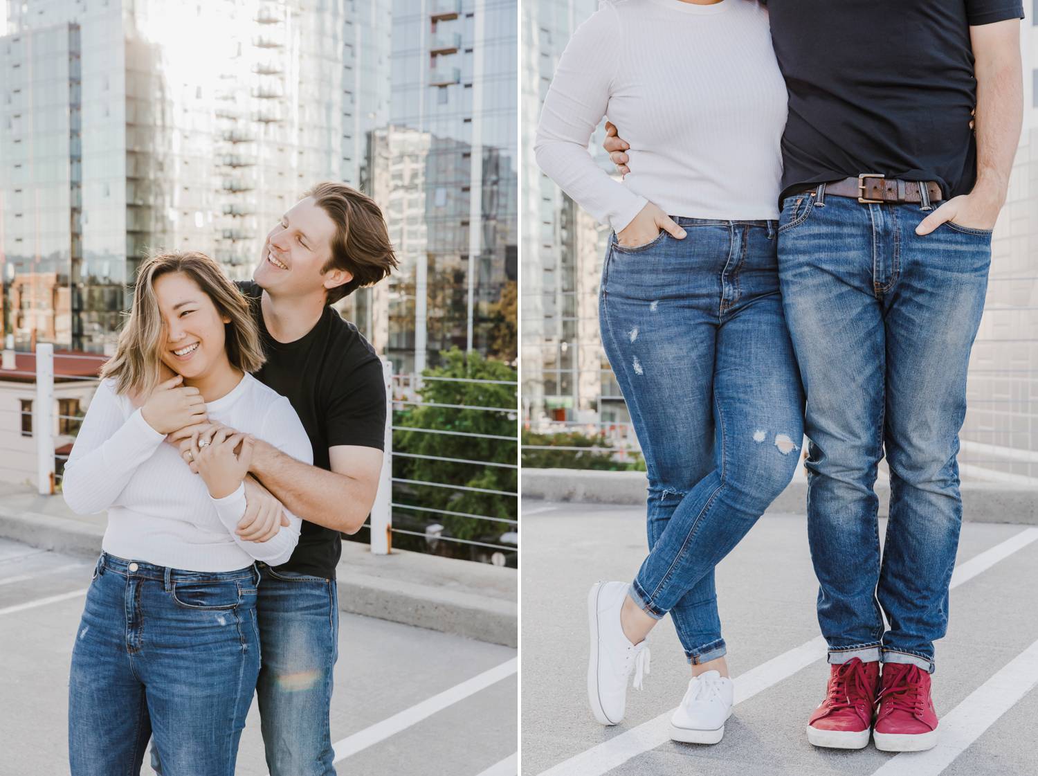 A couple gets engagement photos taken on the roof of a parking garage