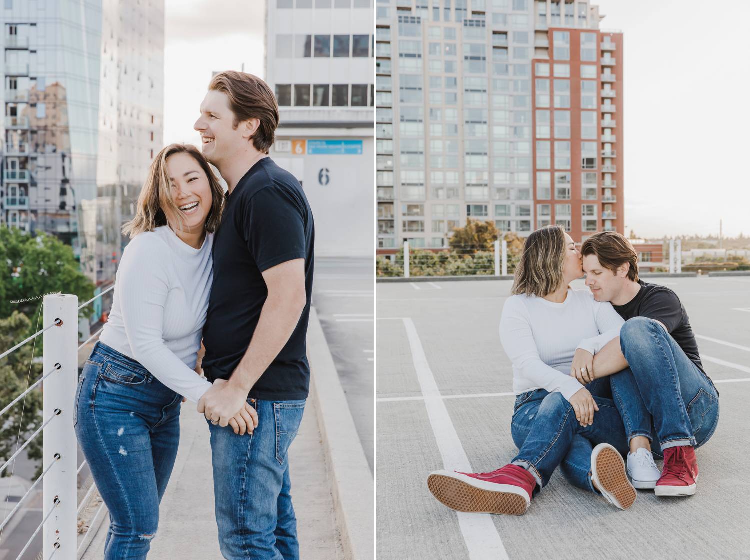 A couple is photographed on the roof of a parking garage.