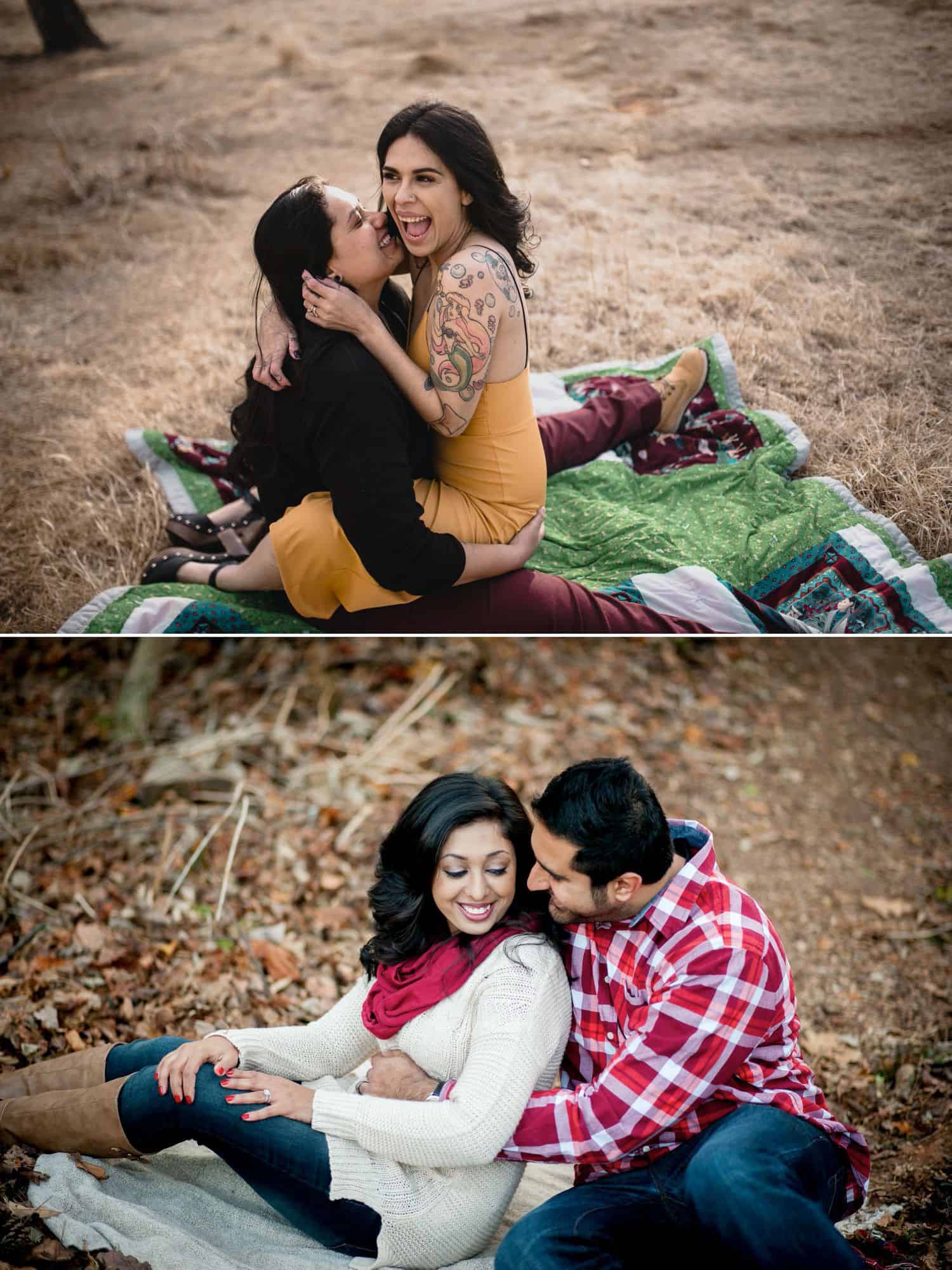Couples snuggle on picnic blankets for their engagement photos