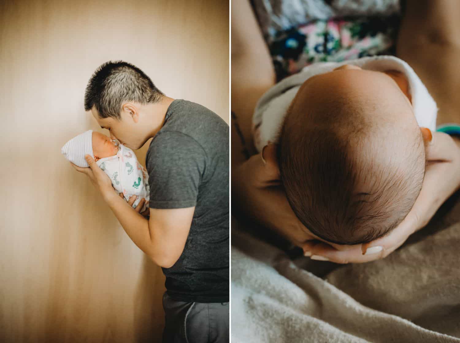 In this diptych, a father touches noses with his newborn baby against a sun-dappled wall. In the next photo, the newborn's head is cradled by the mother's hands.