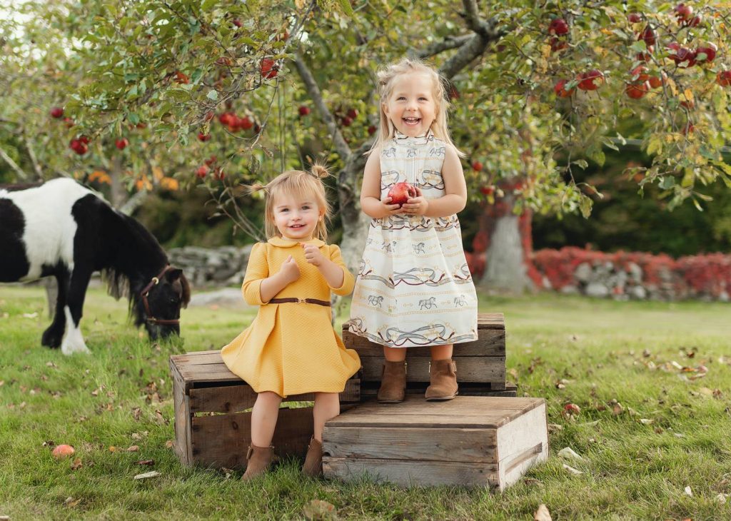 Mariah Gale Creative shoots family photo poses like this shot of two sisters standing on apple barrels in an orchard while a pony grazes behind them.