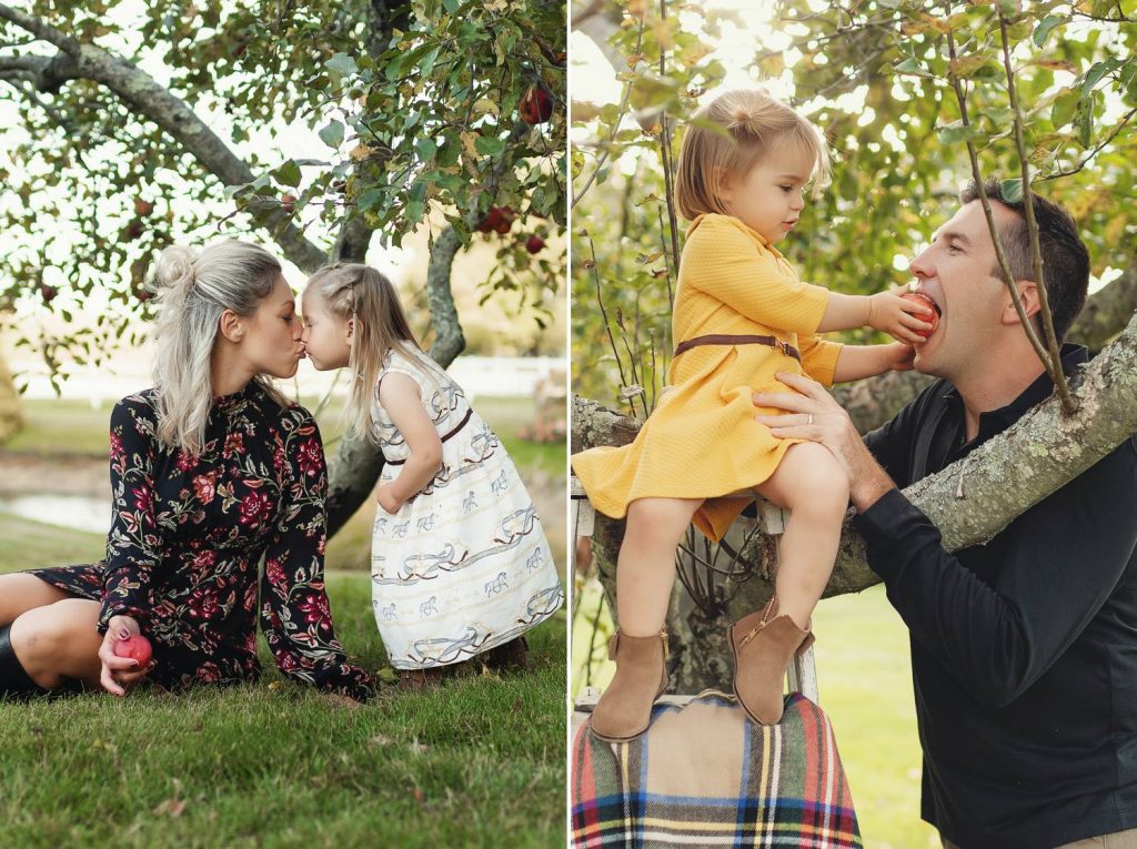 Mariah Gale Creative photographs family photo poses like these, where one little girls gives her mom a kiss, and another daughter feeds her dad an apple.
