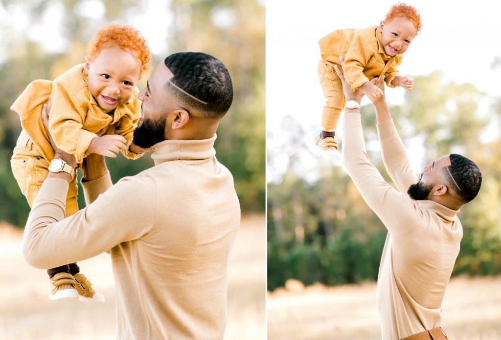 Nyejah Bolds photographs family photo poses like these, where a dad holds his toddler song aloft toward the sky