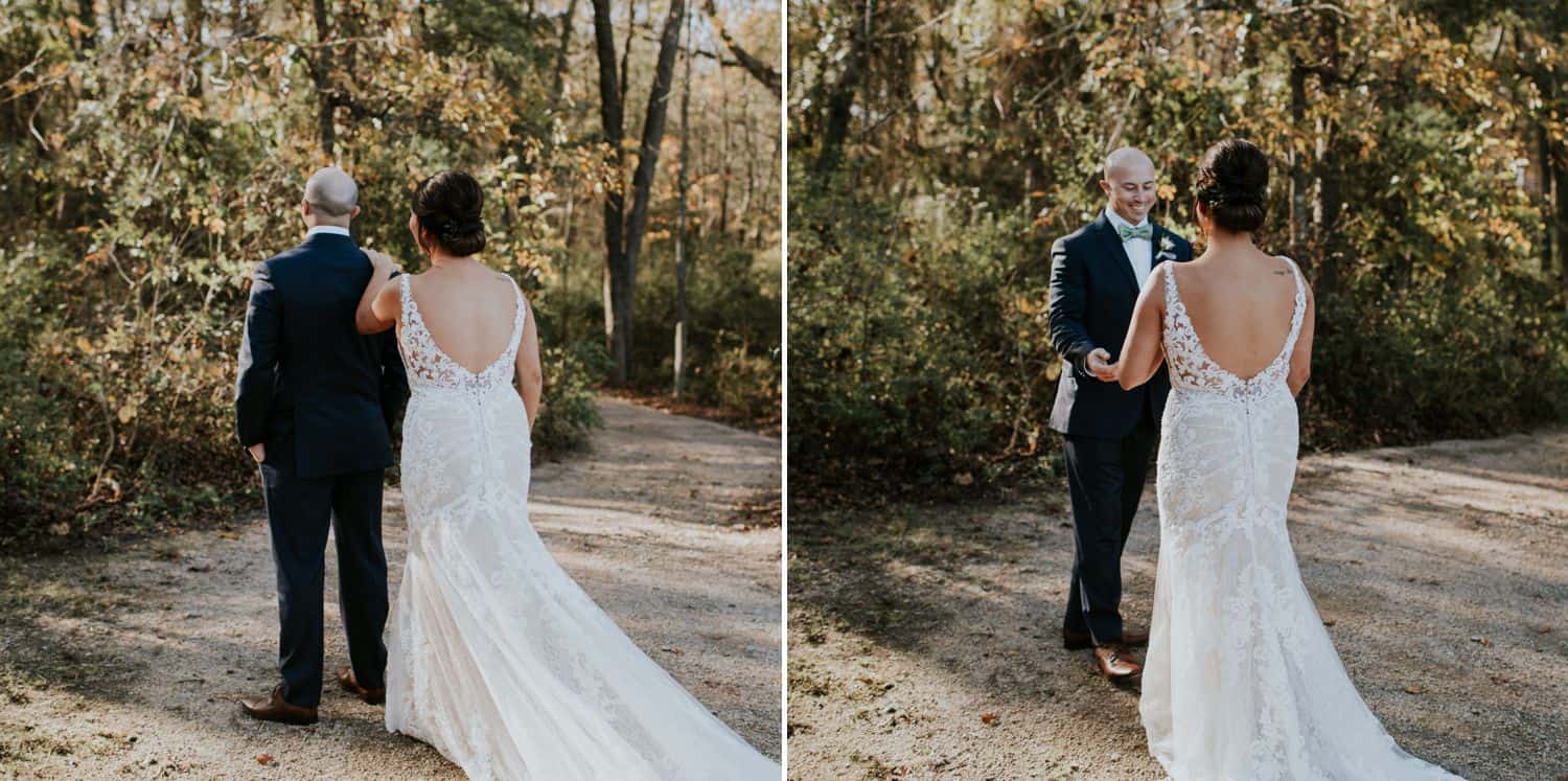 A bride taps her groom on the shoulder and her turns to her for their first look.