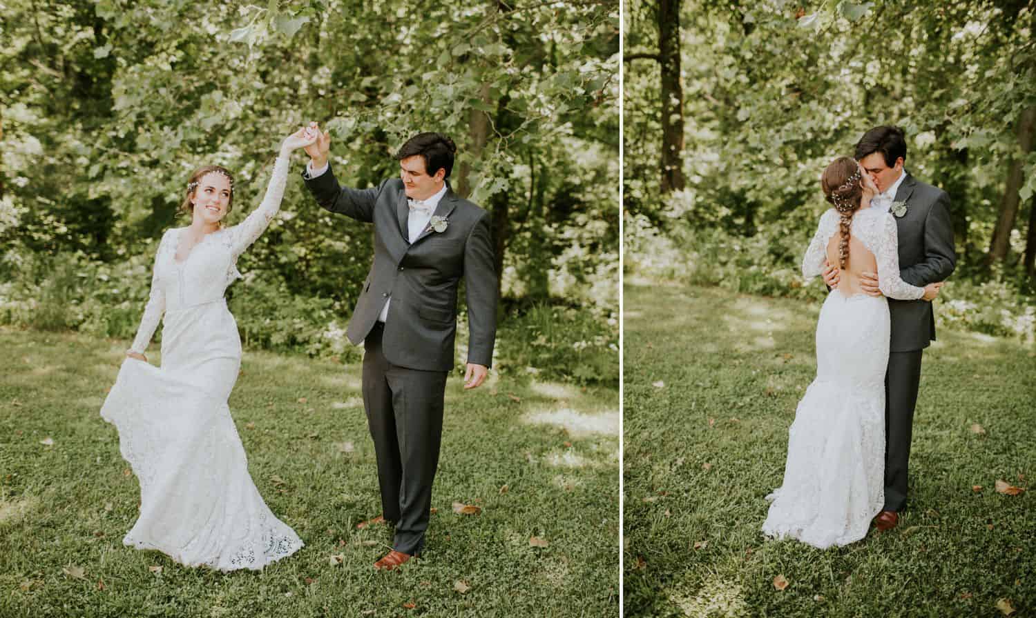A groom twirls his bride then pulls her in for a kiss during their first look.
