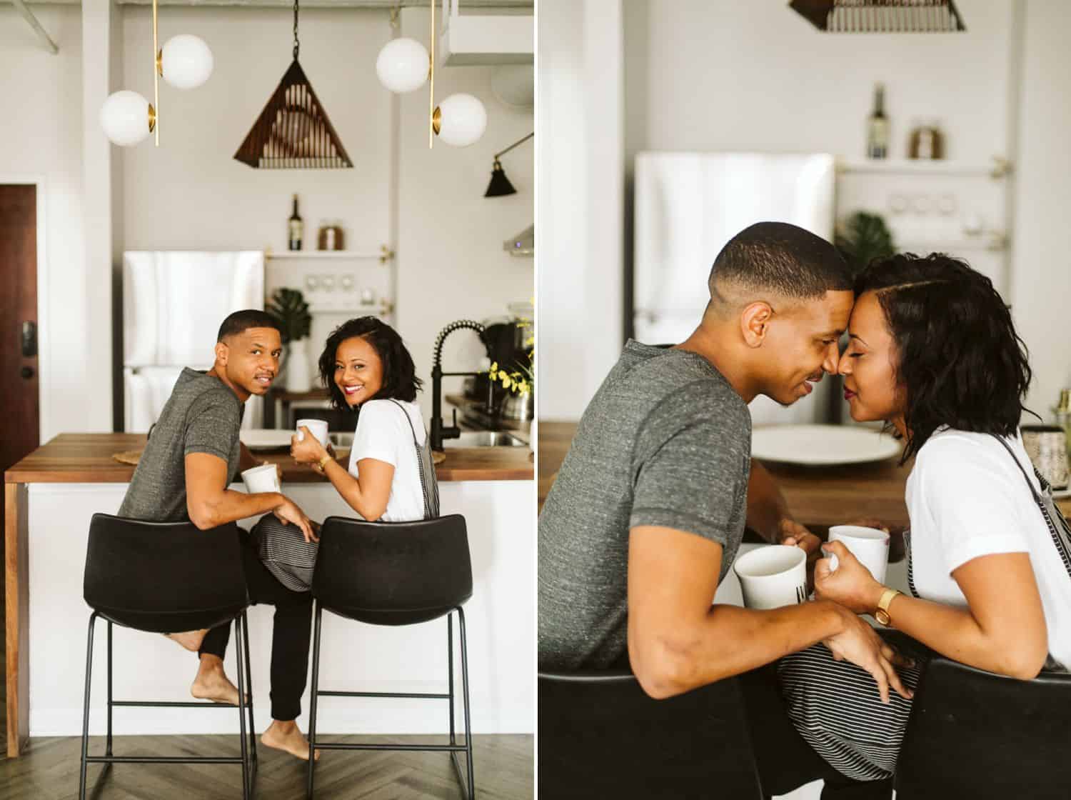 Black couple photographed in the kitchen of an Atlanta Airbnb