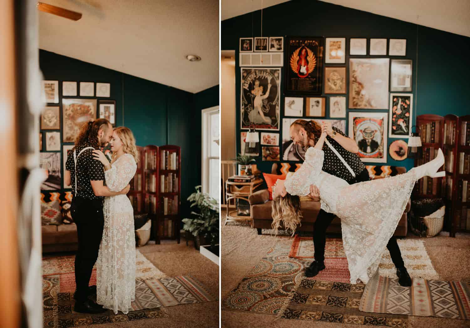 A man and woman dance and dip in their home's living room. Learn how to take low light photos like this one by Shelby Laine Photography