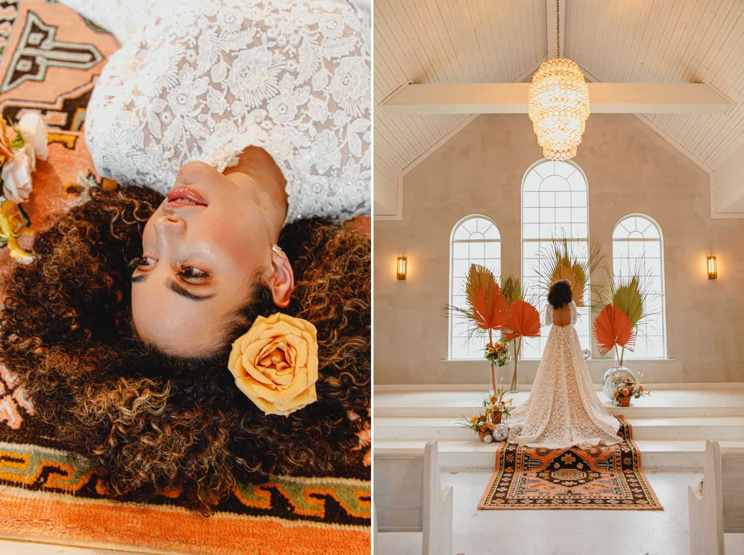 A bride with a yellow rose in her hair lies on a Moroccan rug and poses before large windows.