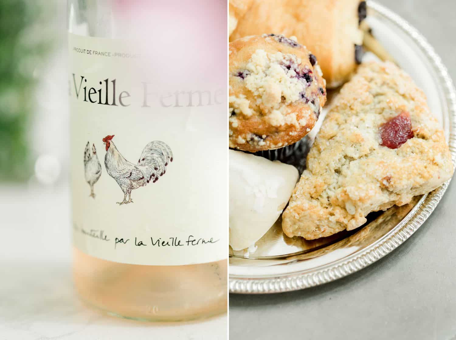 A close-up photos of a bottle of rosé beside a detail shot of a plate of scones and pastries.