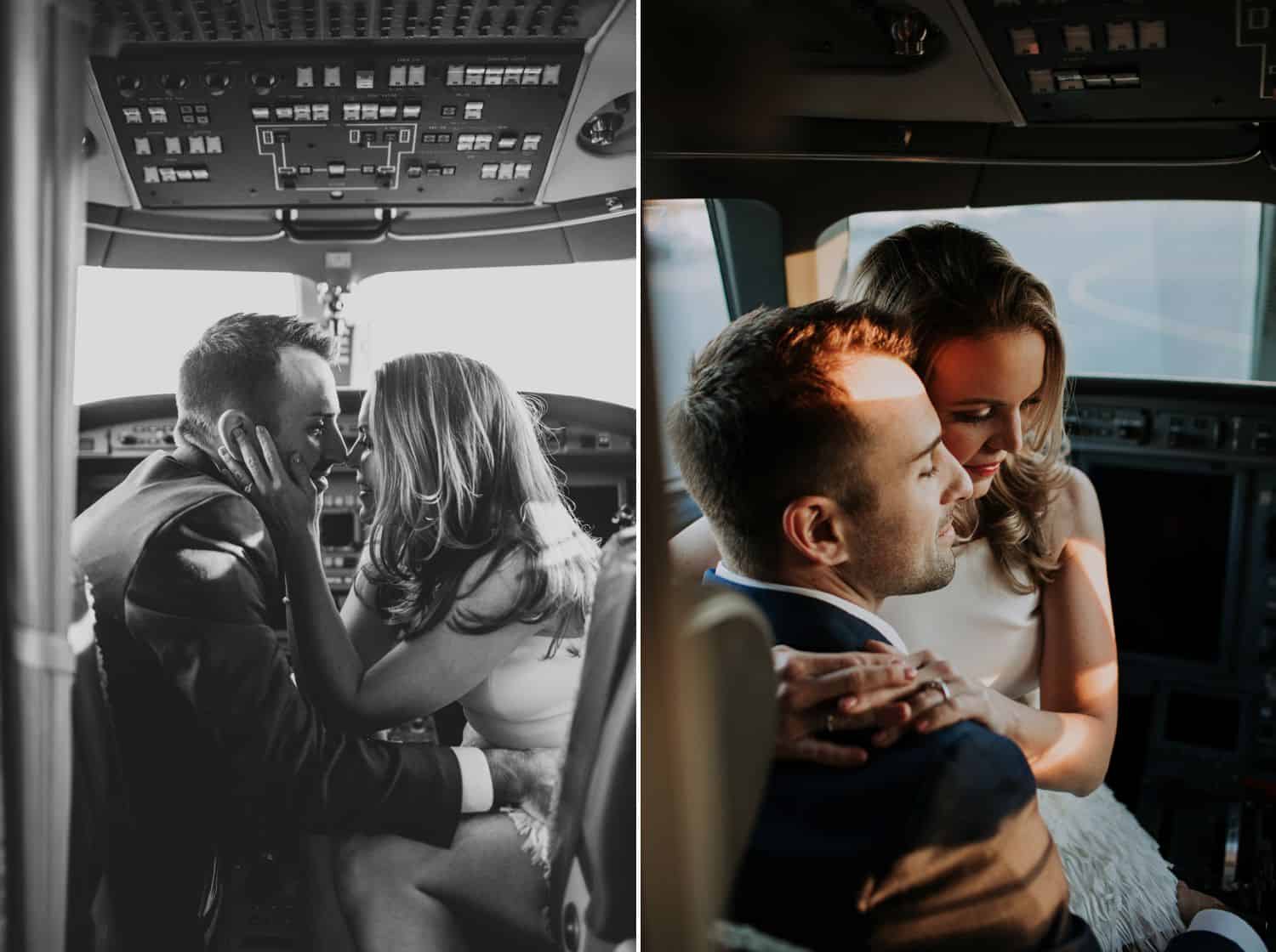 Photos of a couple taken inside an airplane