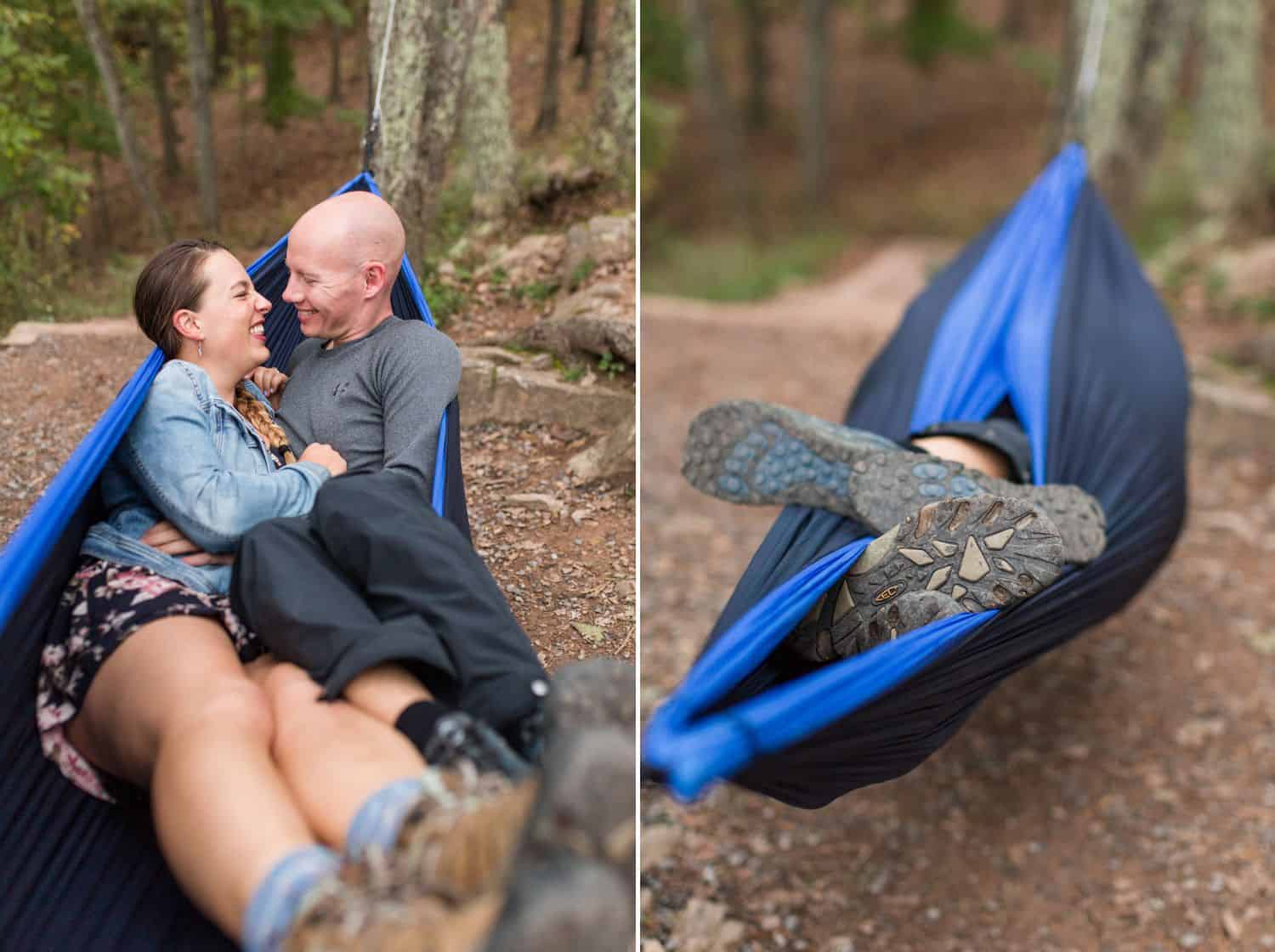 Photos of a couple cuddling in a hammock