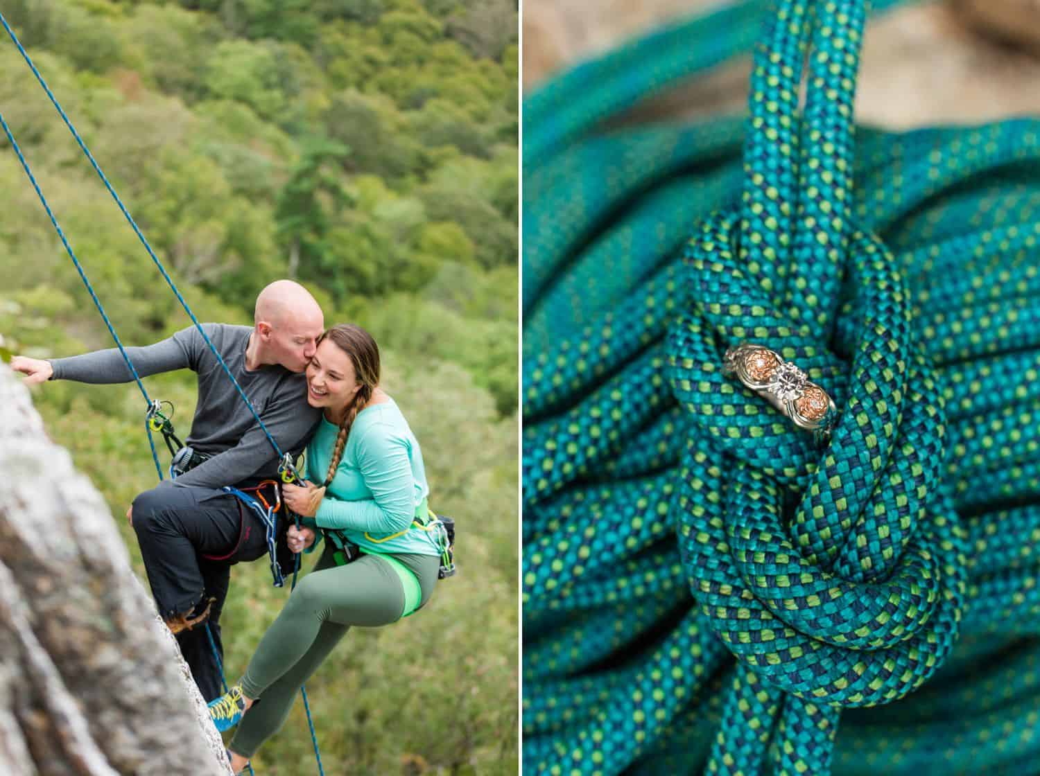 A couple climbing the mountain together and a close-up shot of a ring tied around with a rope