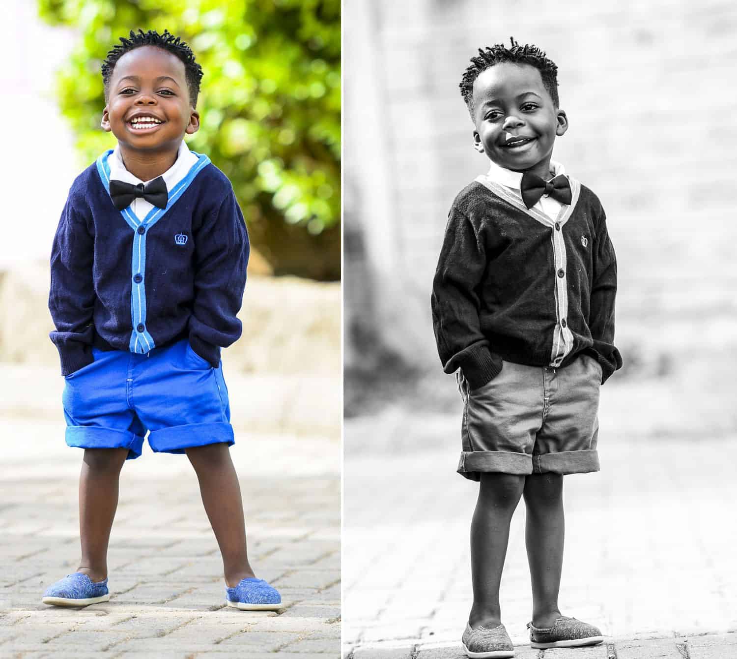 Photos of a young boy posing with his hands in his pockets