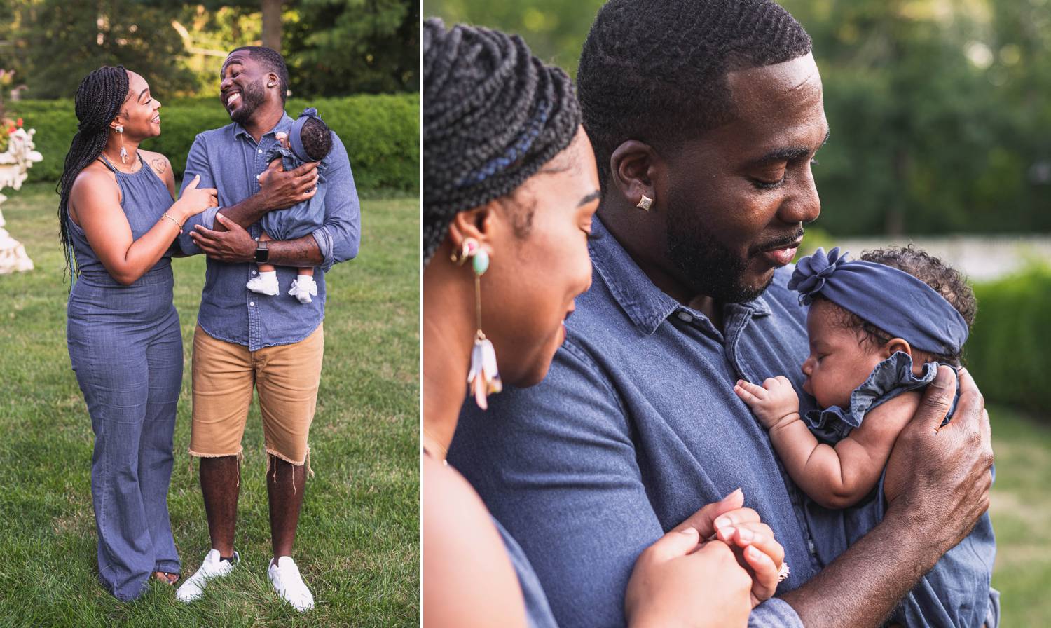 A beautiful Black couple is photographed outside with their newborn baby.