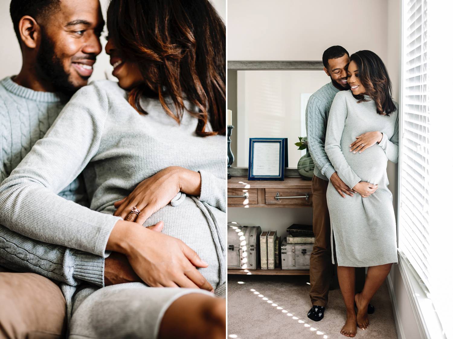 Sasha Q. Photography employs simple maternity poses, like these in-home poses with the husband behind his pregnant wife.