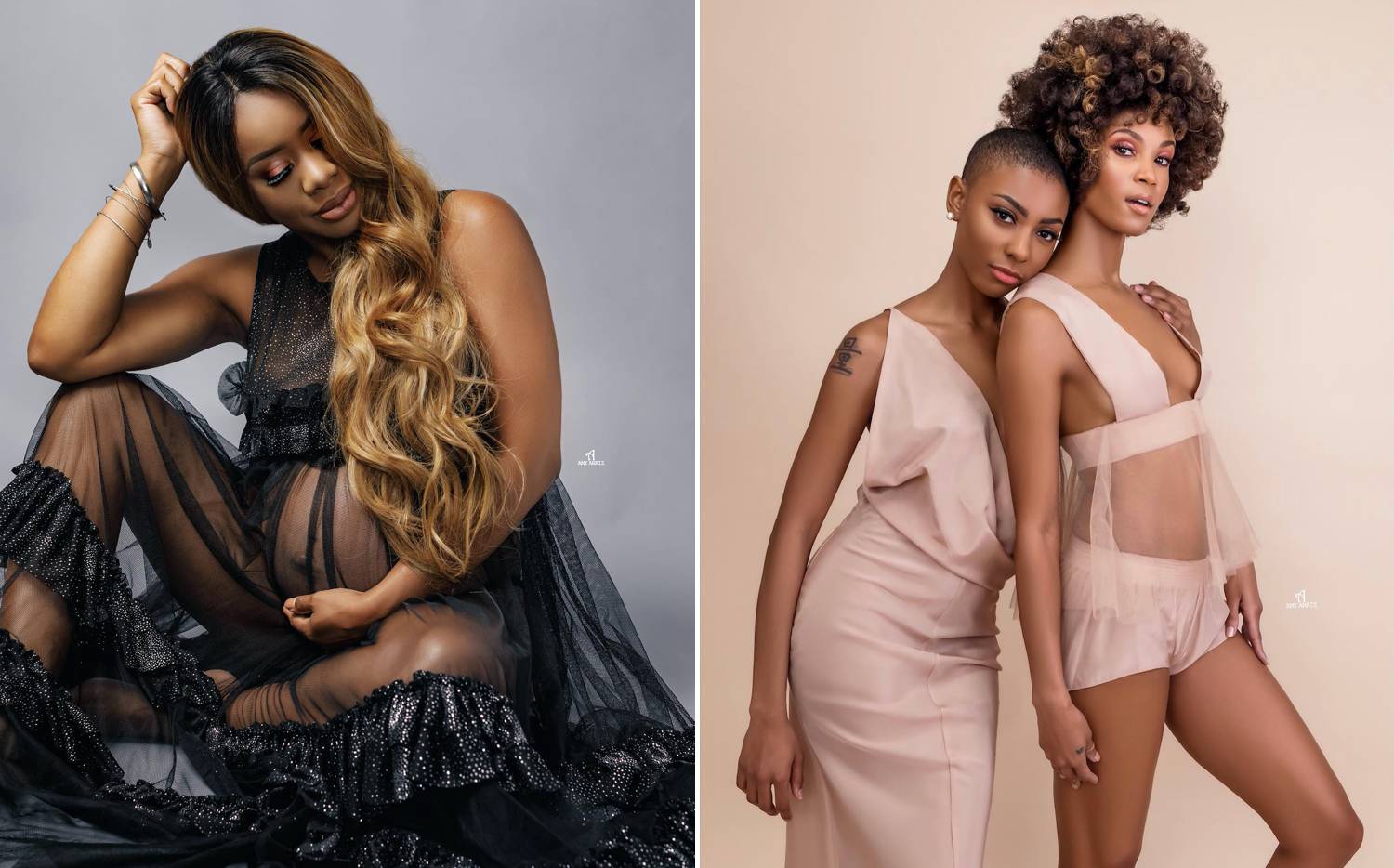 Amy Anaiz's photos depict a pregnant Black woman in a gray studio wearing a sheer black gown; then a photograph of two slim Black models wearing pink lingerie against a tan backdrop.