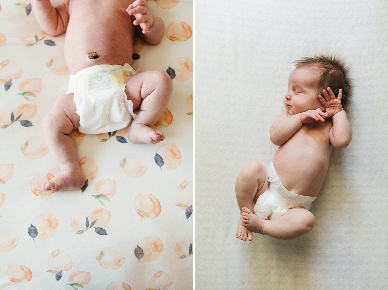 Photos: Cristin More's newborn portraits show side-by-side the difference a day makes. On the left, the baby lies on a printed sheet and the stub of their imbelical cord is visible. In the right photo, the baby's cord is gone.