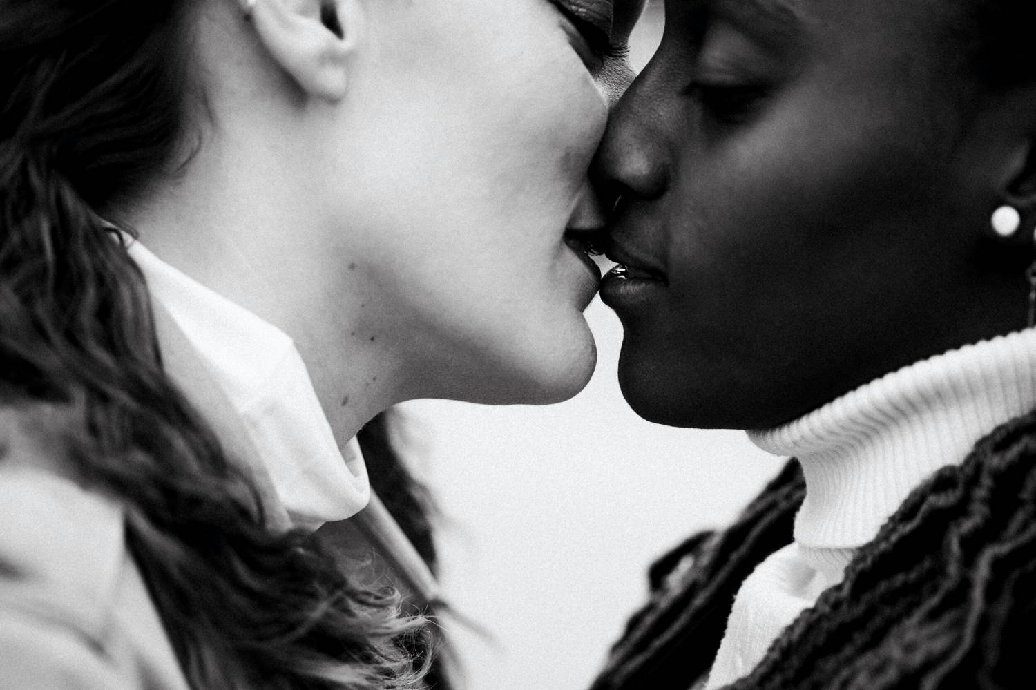 Photo: River West's black and white portrait of two lovers almost kissing.