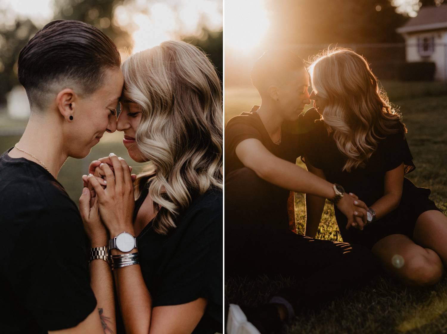 A queer couples stands forehead to forehead as the sun sets behind them