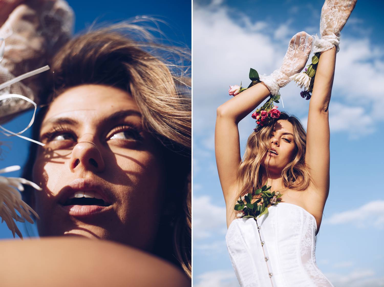 A model poses against a bright blue sky for ethereal beauty portraits