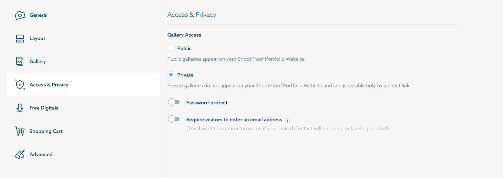 Access and privacy settings in ShootProof