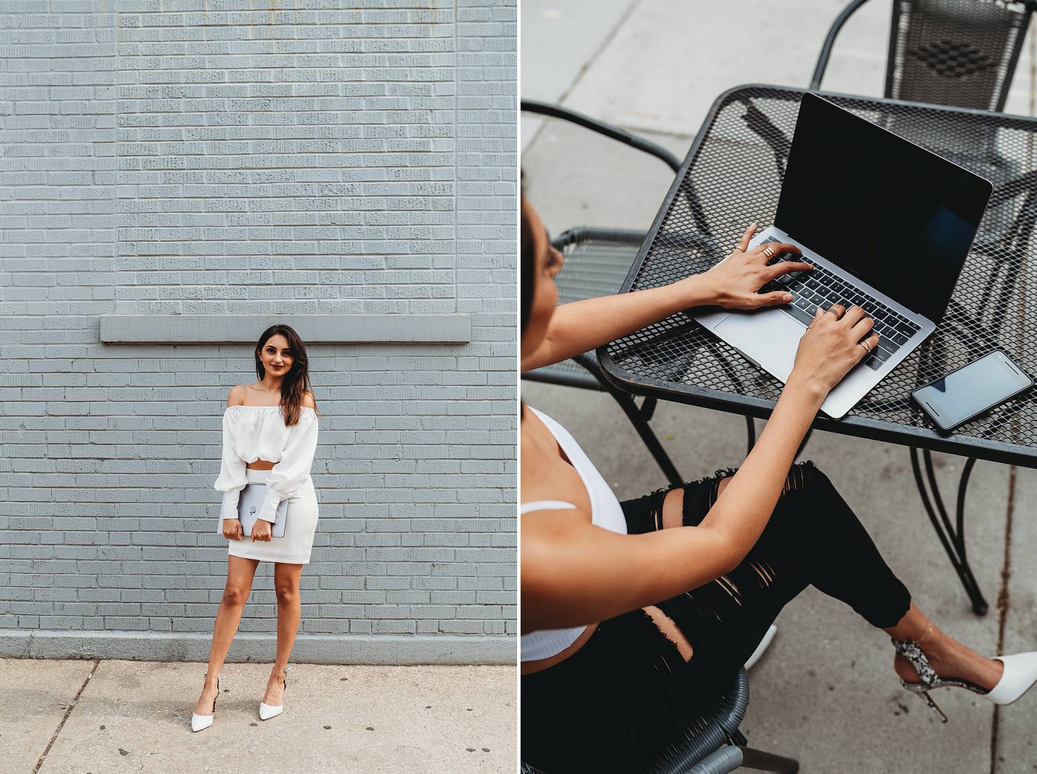 A female entrepreneur is photographed for a personal branding session. In one frame, she wears a white dress and holds her laptop in front of her. In the next photo, she sits at a cafe table working on her open laptop.