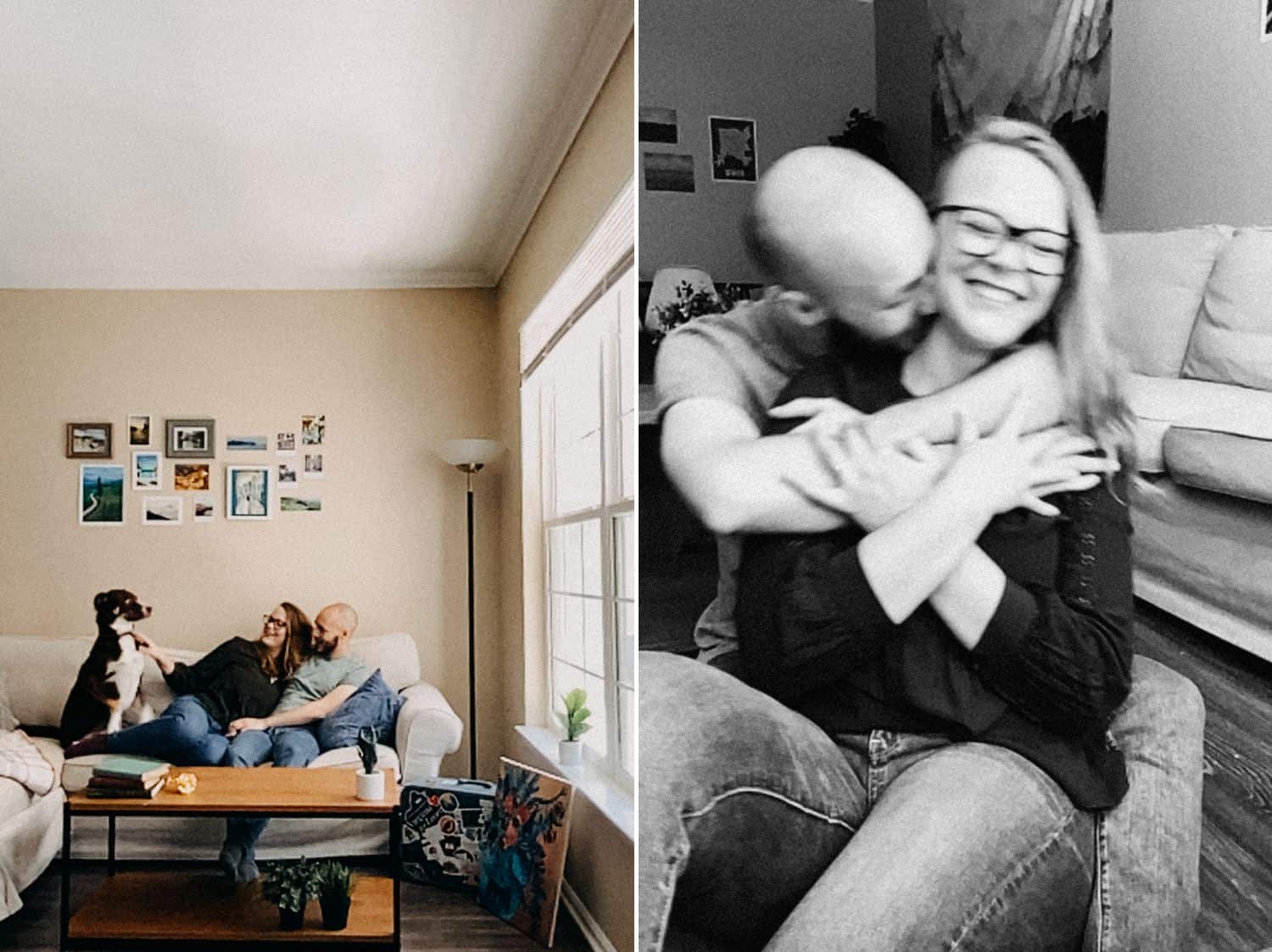 Two couples (one with a dog) are photographed in their homes via FaceTime by Barbara O. Photography