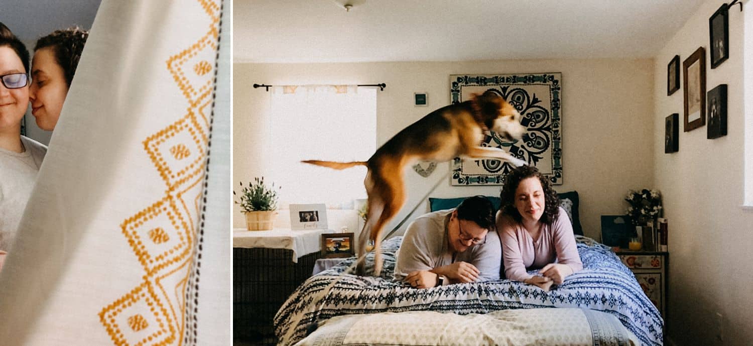 A couple lies on their bed while their dog leaps over them in this FaceTime photo made by Barbara O. Photography