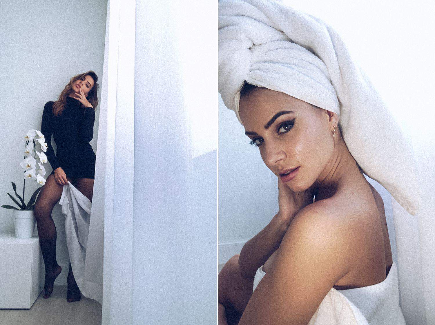 A model poses in a black dress and in a towel wrap for two FaceTime photos shot by Lauren Alexis