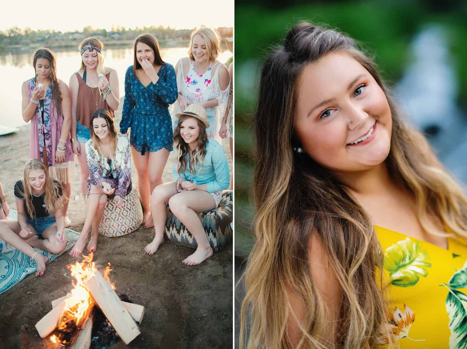 A group of senior girls sits around a lakeside bonfire. A senior girls in a yellow dress poses smiling.