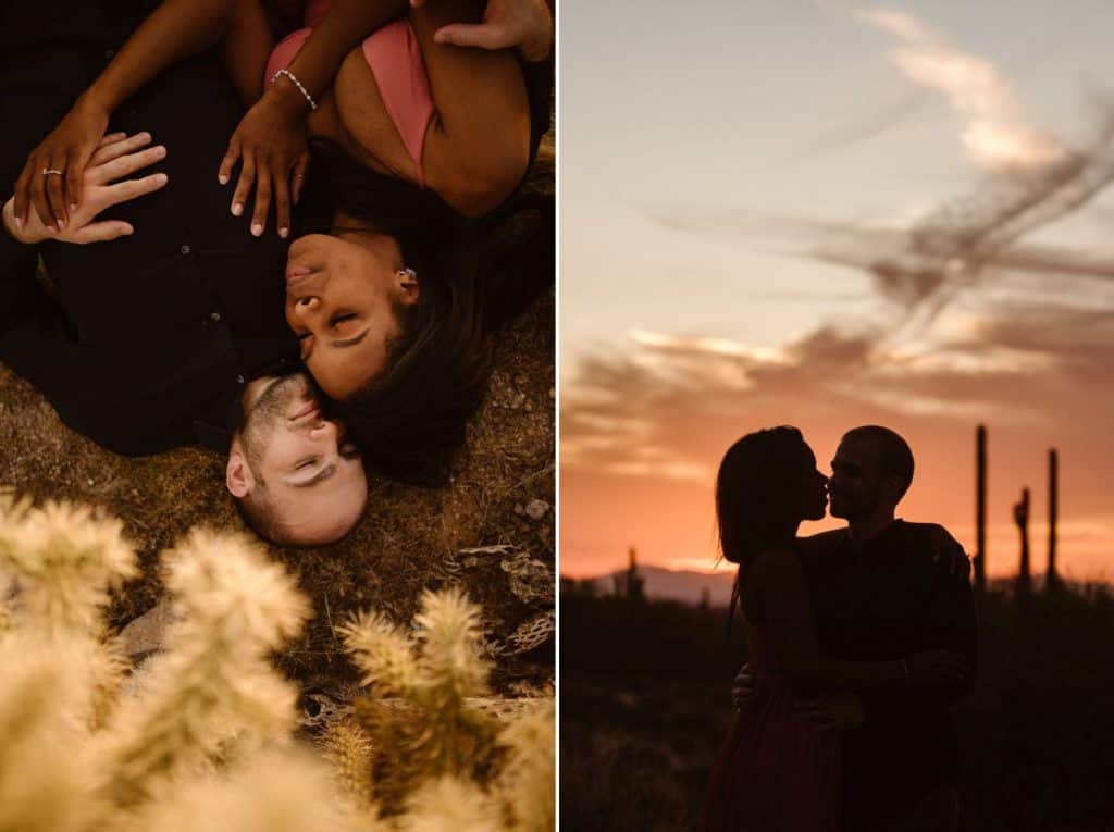 A young couple snuggles close at sunset in the desert