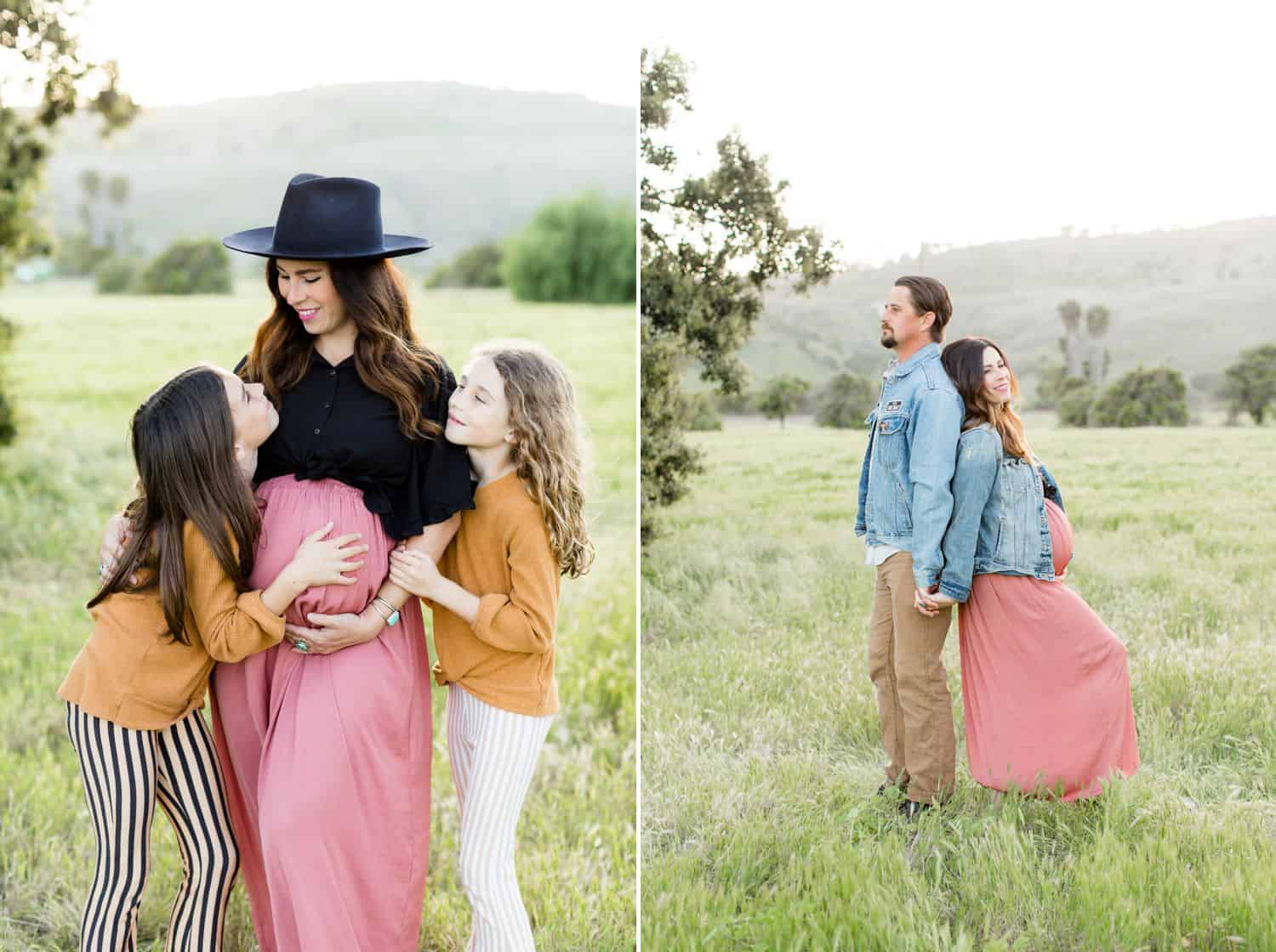 A young pregnant mother wearing a pink skirt and black hat stands in a field with her daughters and husband during COVID-19