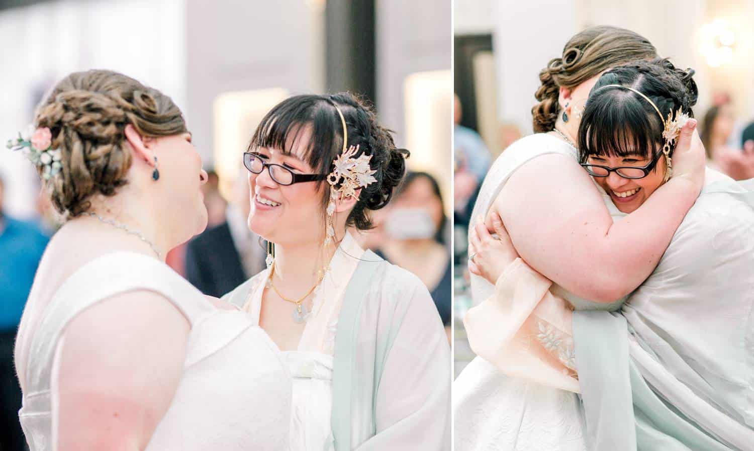 A two-photo series depicts two brides smiling and hugging during their first dance after their wedding.