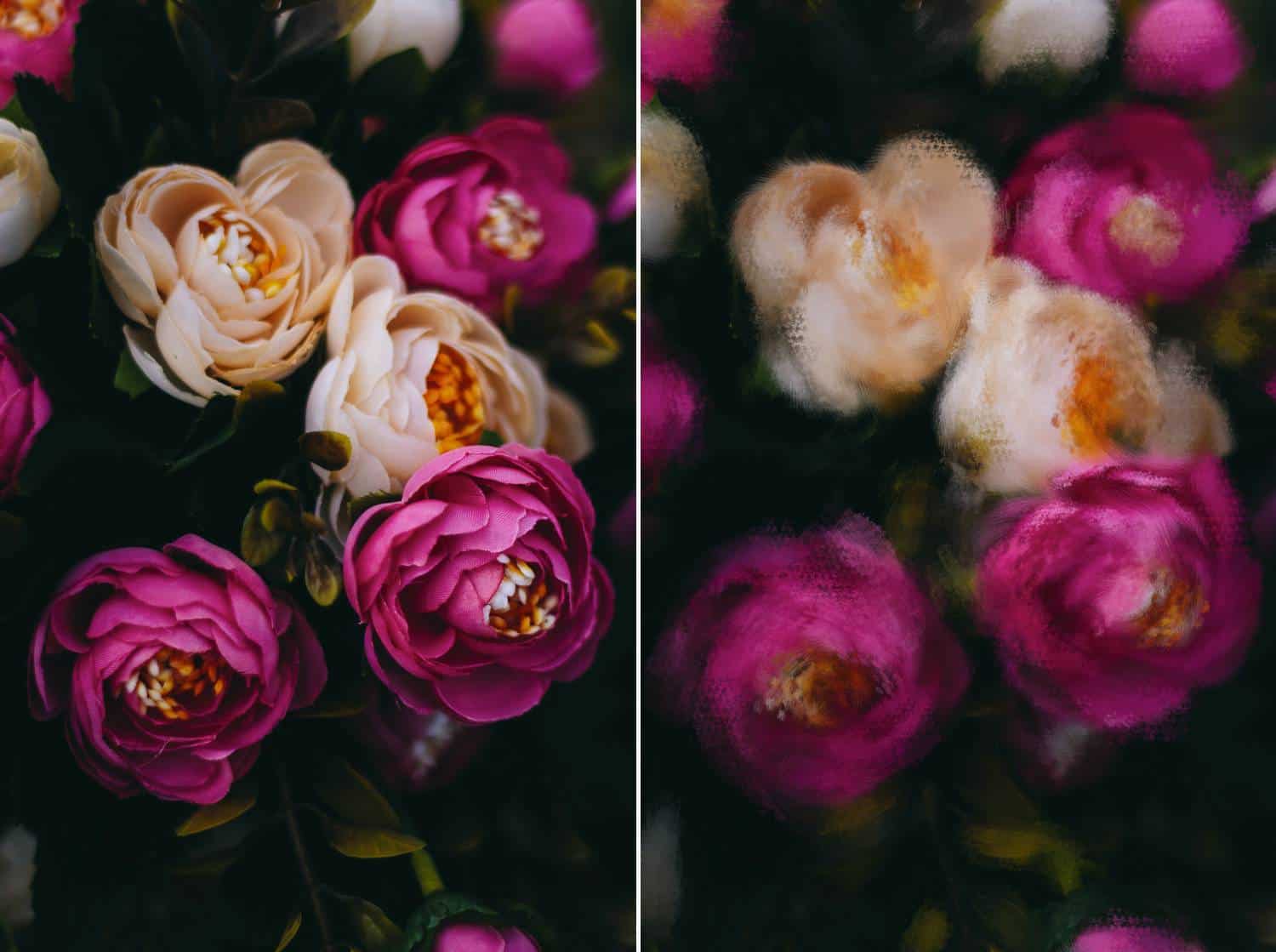 A dim, moody, close-up photograph of pink and peach roses is depicted twice: once in an unedited version, and once with a Photoshop brush applied to make the image look like a painting.