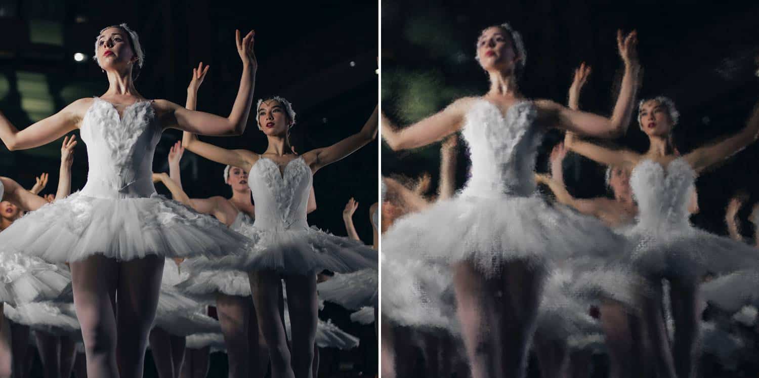 A photograph of ballerinas mid-performance is shown in both an unedited version and a version that's been Photoshopped to look like an Impressionist painting
